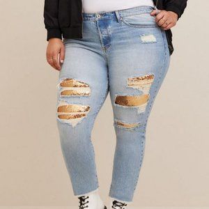 ❤️NWT VINTAGE TORRID JEAN - DESTRUCTED - SEQUIN UNDERLAY - MID RISE - DISTRESSED
